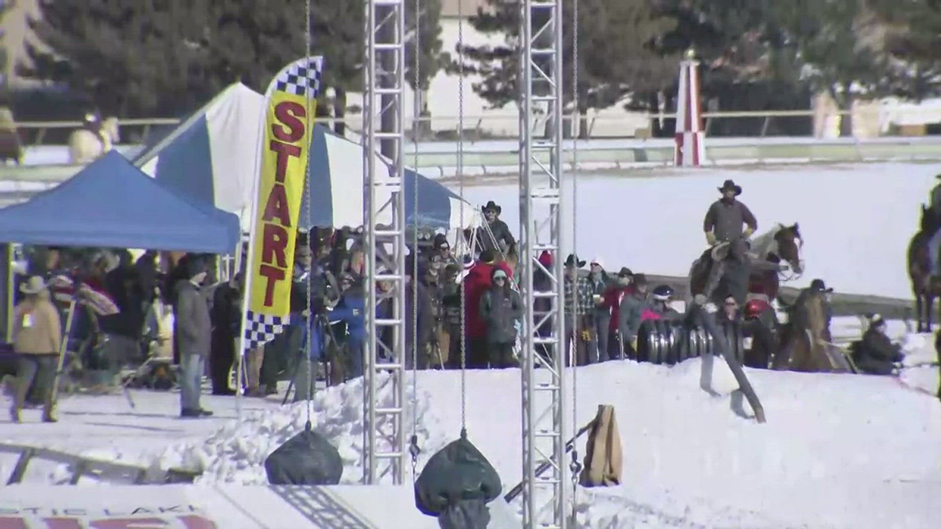 Skiers were pulled behind horses at speeds up to 40 miles per hour at Canterbury Park on Saturday for an "Extreme Horse Skijoring" event. http://kare11.tv/2szsRmv