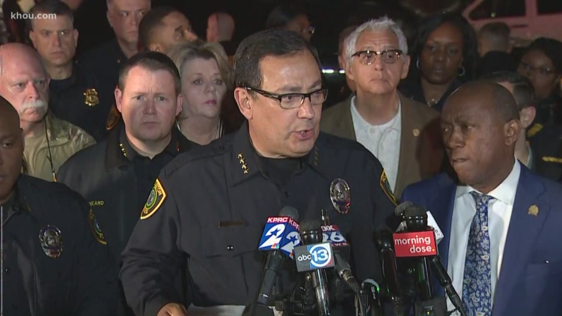 Houston Police Chief Art Acevedo, Mayor Sylvester Turner and other officials provide updates on the officers shot in southeast Houston while serving a narcotics warrant.
