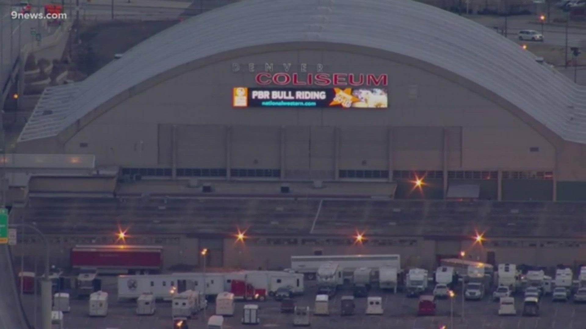 Sky9 flies above the Denver Coliseum and the National Western Stock Show and Rodeo in Denver, Colorado: 1/16/2019