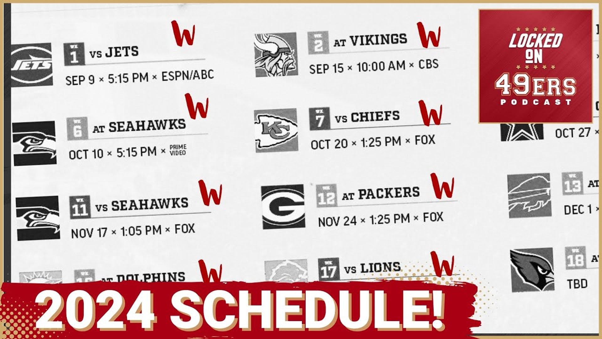 Six games on Monday, Sunday or Thursday night on the San Francisco 49ers 2024 schedule, along with ALL the rivals make up the 49ers schedule