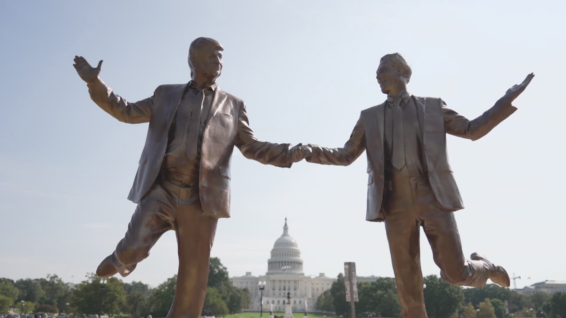 A statue featuring President Donald Trump and the late sex trafficking suspect Jeffrey Epstein holding hands and skipping appeared on the National Mall on Tuesday.