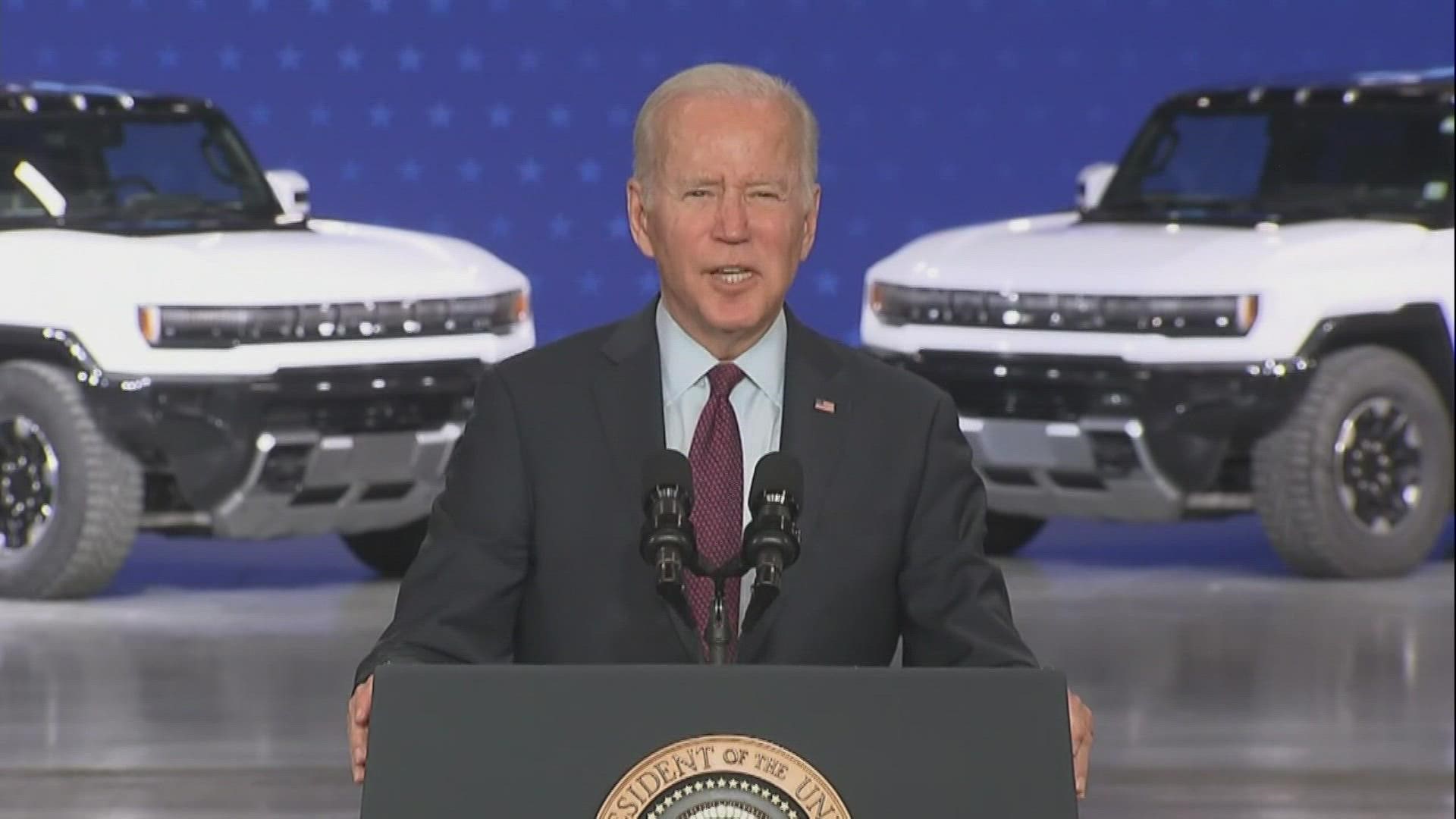 President Biden is visiting a GM plant in Detroit on Wednesday to promote the $7.5 billion in the legislation for electric vehicle chargers.
